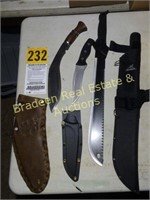 2 KNIVES WITH CASES, MACHETE ALSO W/CASE