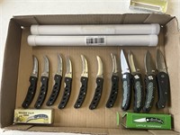 11 pocket knives and 2 canvas paintings