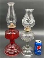 2 Antique Glass Oil Lamps - Red Base