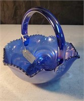 Smith blue carnival glass basket with a chip