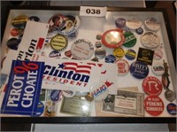 DISPLAY CASE OF POLITICAL BUTTONS & ADVERTISEMENTS