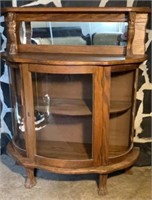 Small Vintage Oak Curved Glass China Cabinet