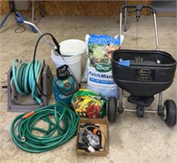 Scotts seeder, hoses, sun/shade mix, top soil,