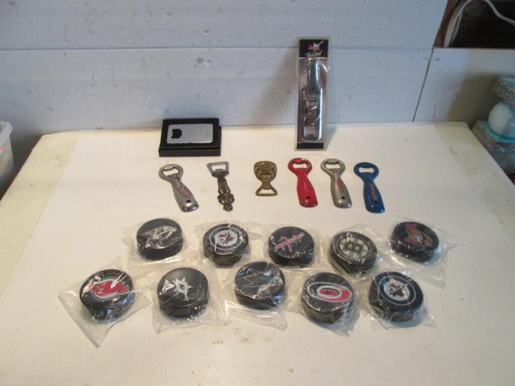 COLLECTION OF BOTTLE OPENERS SOME PUCK SHAPE