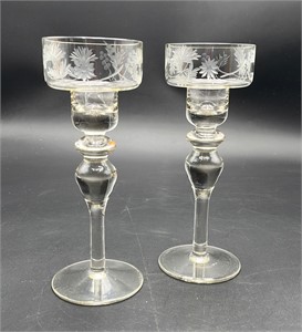 Pair of Vintage Etched Long Stem Candleholders
