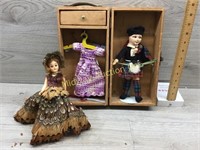 WOOD DOLL BOX WITH 2 OLD DOLLS
