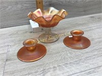 CARNIVAL GLASS CANDLE STICKS/ COMPOTE