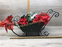 GREEN METAL SLEIGH WITH FLORALS