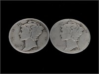 Pair of Vintage 10C Mercury Silver Dime Coins -
