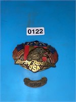 Harley Davidson 1989 belt buckle  and 2009 HOG pin