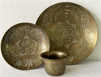 Ornately Engraved Chinese Brass Bowls & Vase