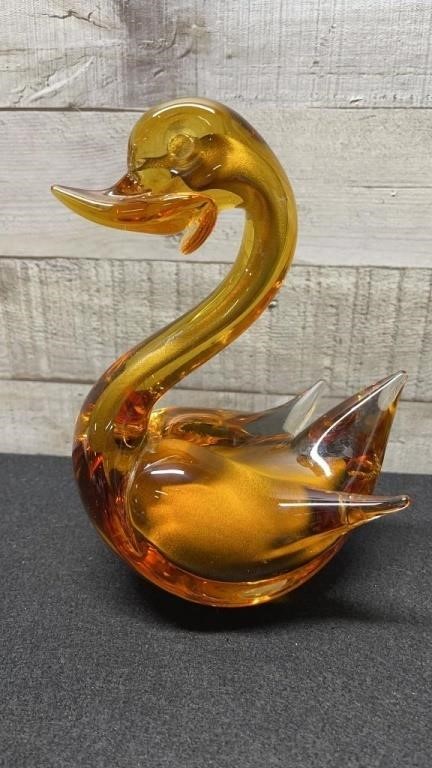 Vintage Amber Art Glass Swan Figure 8" High