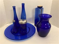 Blue Glass Plate, Shaker, Vases, and Jars