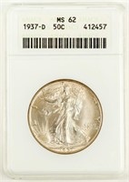 Coin 1937-D Walking Liberty Half Dollar ANACS MS62