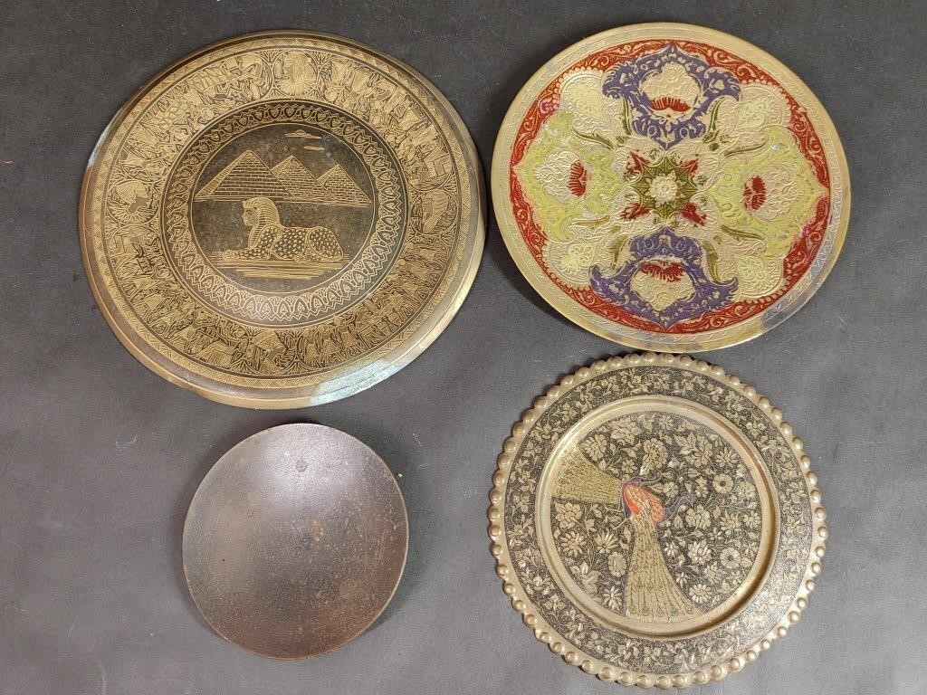 Brass Etched Sphinx, Peacock, Floral Decor Plates