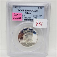 PCGS 2001S PR69DCAM 90% Silv JFK Half $1 Dollar