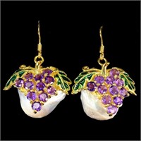 Natural Purple Amethyst & Pearl Grape Earrings