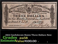 1864 Confederate States Three Dollars Interest Not