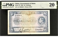 Rare Malta 10 Shilings PMG20,Fancy SN+GIFT!! MABD
