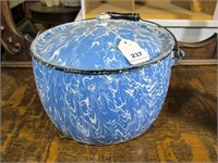 Blue swirl graniteware covered kettle