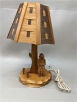 Quebec Folk Art Carved Wood Table Lamp Man & Tree
