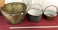 Two Antique Copper Pots, One Cast-Iron Pot