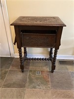 Carved Wooden Side Table w Fold Down Side Shelves