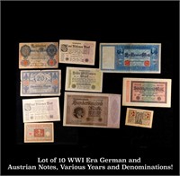 Lot of 10 WWI Era German and Austrian Notes, Vario