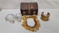 NICE WOOD TREASURE CHEST WITH VINTAGE JEWELRY