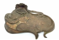 Art Nouveau Cast Brass Female Bust Inkwell