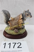 Homco Squirrel in a Log Figurine w/Wood Base