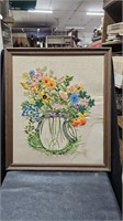 Pot of Flowers Crewel Framed 20" x 23"