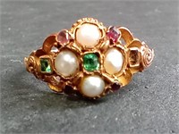 Victorian Era Gold, Peral, Emerald + Ruby Ring