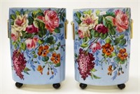 Pair early hand painted mantle vases