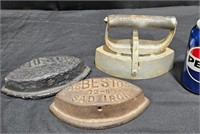 2 Antique Asbestos Sad Irons w Removable Hood