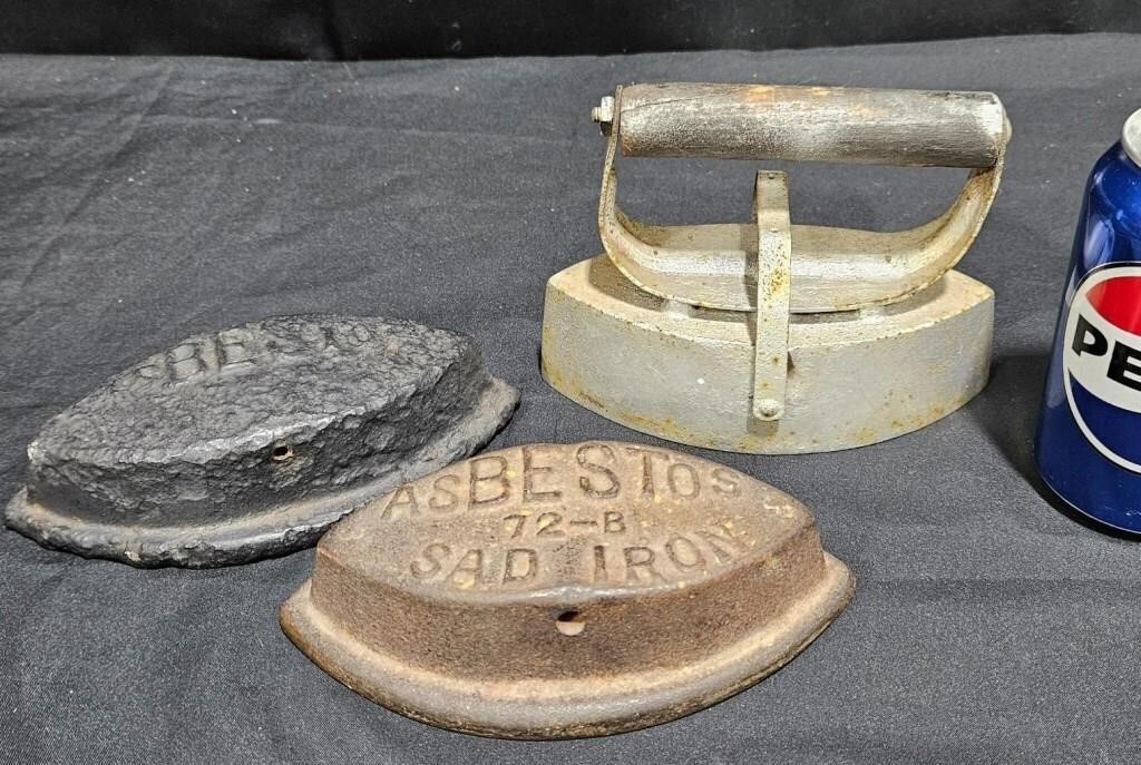 2 Antique Asbestos Sad Irons w Removable Hood