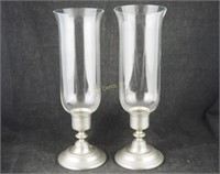 Pair Vtg 14" Hurricane Glass Pewter Candle Sticks