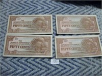 4 WWII Japanese 50 Cent Bank Notes