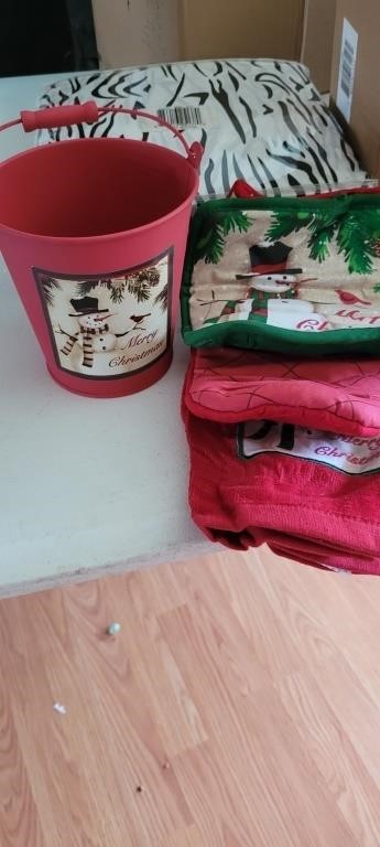 Christmas bucket with towels, etc