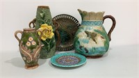 5 Beautiful Majolica pieces-with noticeable chips