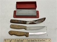 3 Skinning Knives & Sharpening Stone