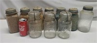 Ball jars. 2 blue, 4 square, 3 with hinge lids