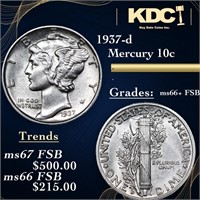 1937-d Mercury Dime 10c Graded GEM++ FSB By USCG