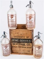 4 Vtg Browne's Mule Seltzer Bottles in Wood Crate