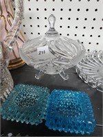 Lead Crystal Covered Dish & 2 Blue Salts