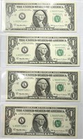 Lot of (4) 1999 $1 Sequential STAR NOTES