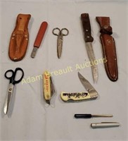 Assorted knives, scissors, multi-tool, honing