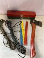 Metal Toolboxes, Axe, cord & yardstick
