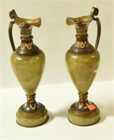 Pair of 9” Soap stone and cloisonné ewers