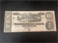 1864 $10 Confederate Note,VG